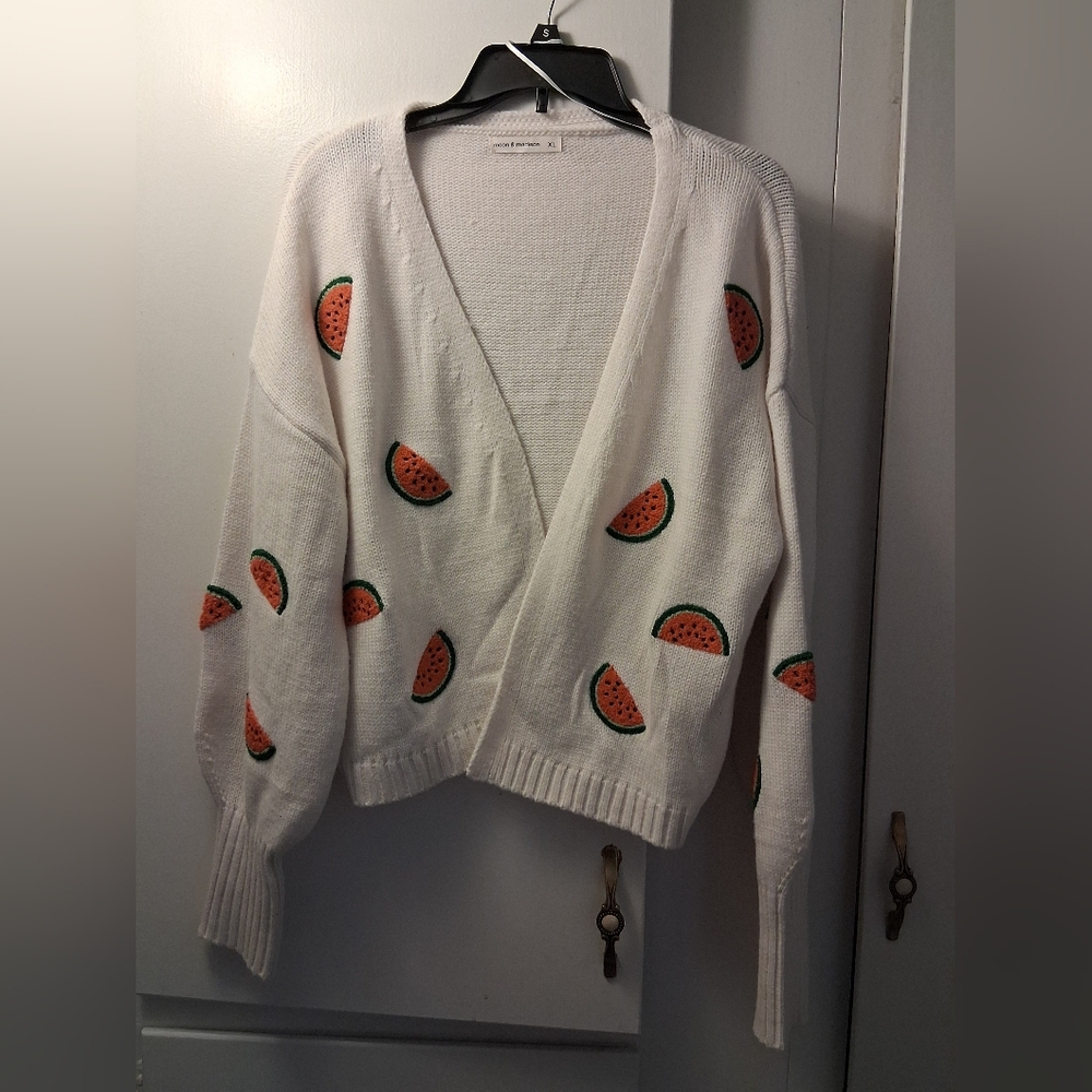 moon & madison White Cardigan with Watermelon Design